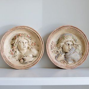 Pair Vintage Roman Goddess Relief Wall Sculptures – Classical Plaques, 10.25"
